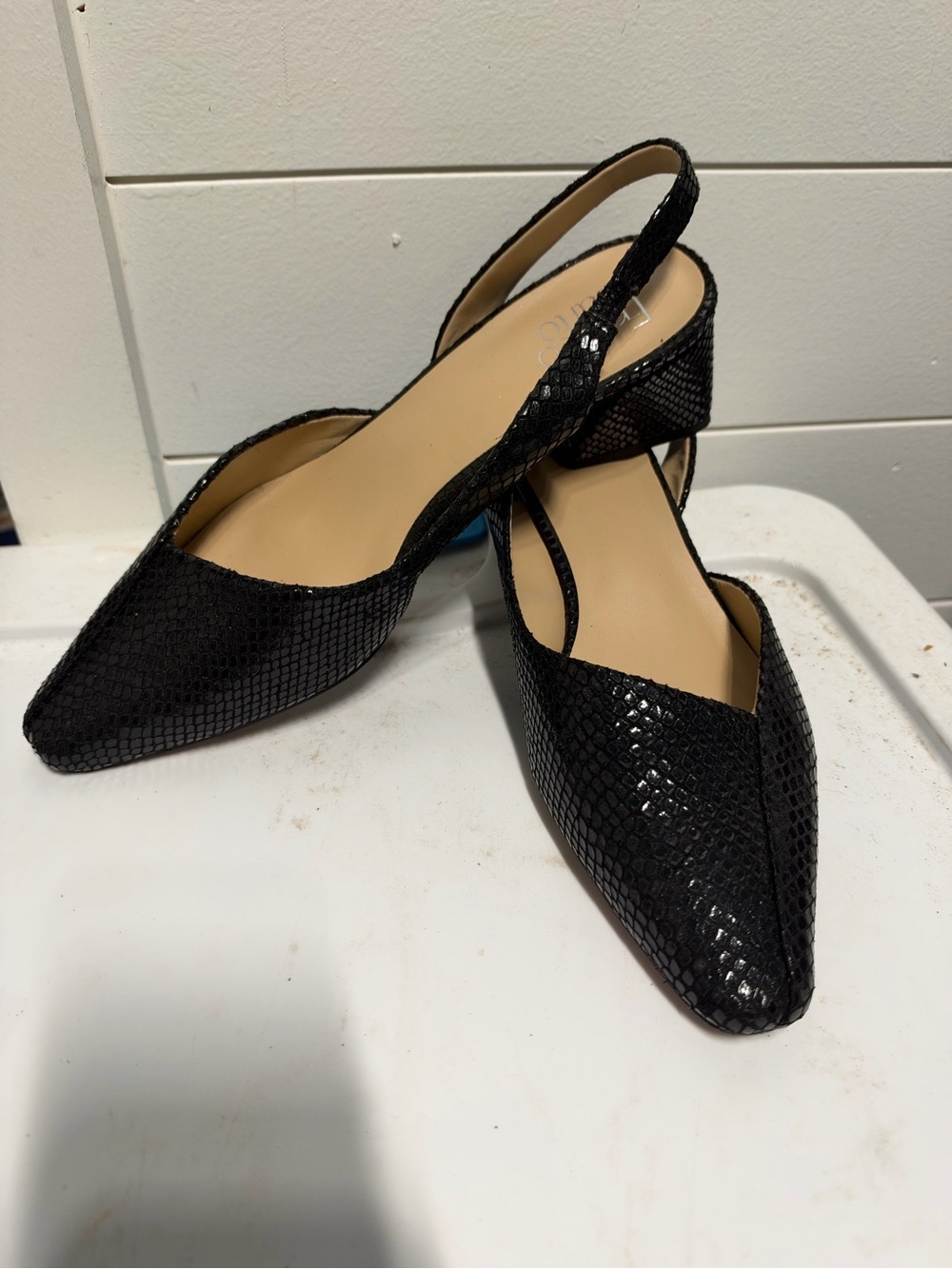 Franco Sarto Black Snake-Embossed Slingback Flats